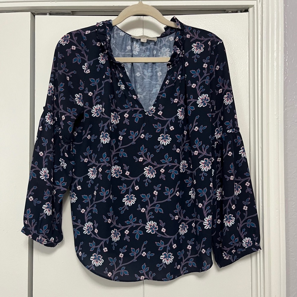 LOFT Navy‎ Blue Floral Ruffle Neck Bell Sleeve Blouse Top Large